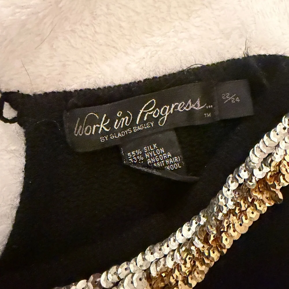 Vintage 80s Gladys Bagley Silk Angora Nylon Wool Blend Black Sequin Bow Sweater